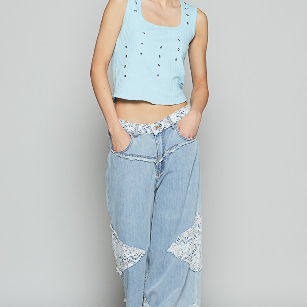 BB202. NWT POL Light Blue Wide-Leg Jeans with White Lace Patchwork